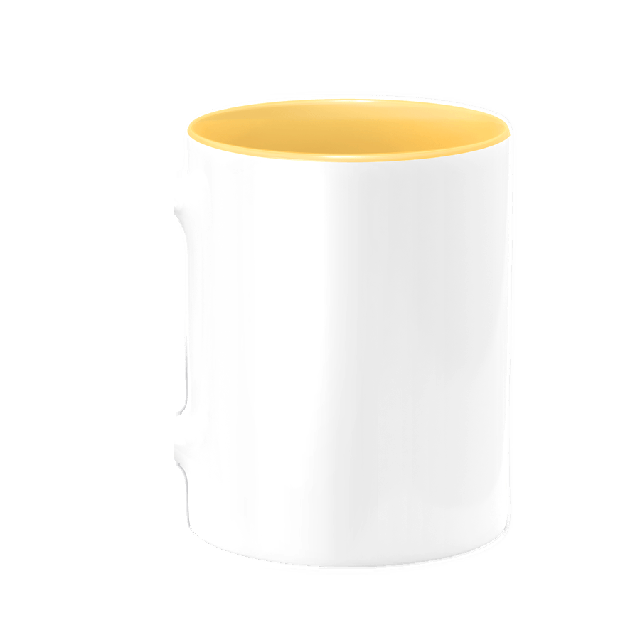 White 11oz ceramic mug with yellow inside and handle